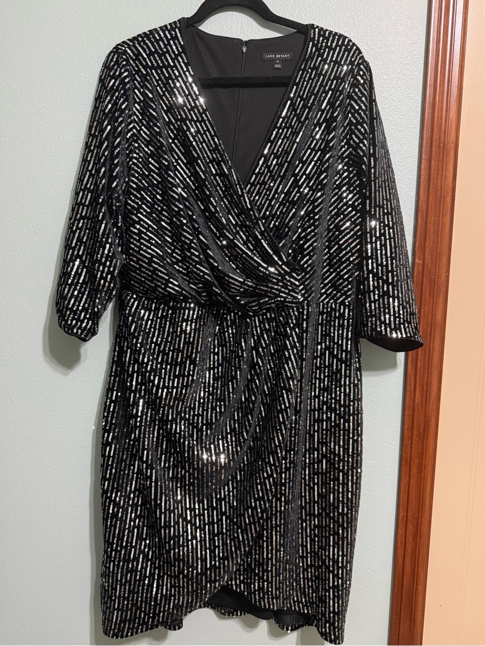 Lane Bryant Crossover Sequin Velvet Sheath Wrap Dress - Black/Silver Size 16